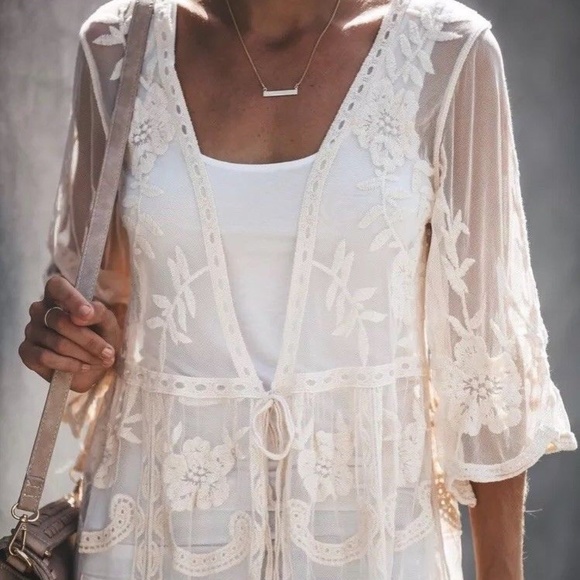 Figleaffashion Tops - Last One! Lace Embroidered Crochet Kimono Duster